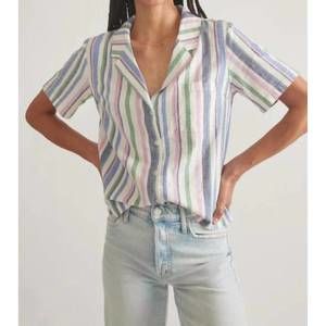Marine Layer Striped Short-Sleeve Button-Down Shirt in Pastel Blue, Pink & Green